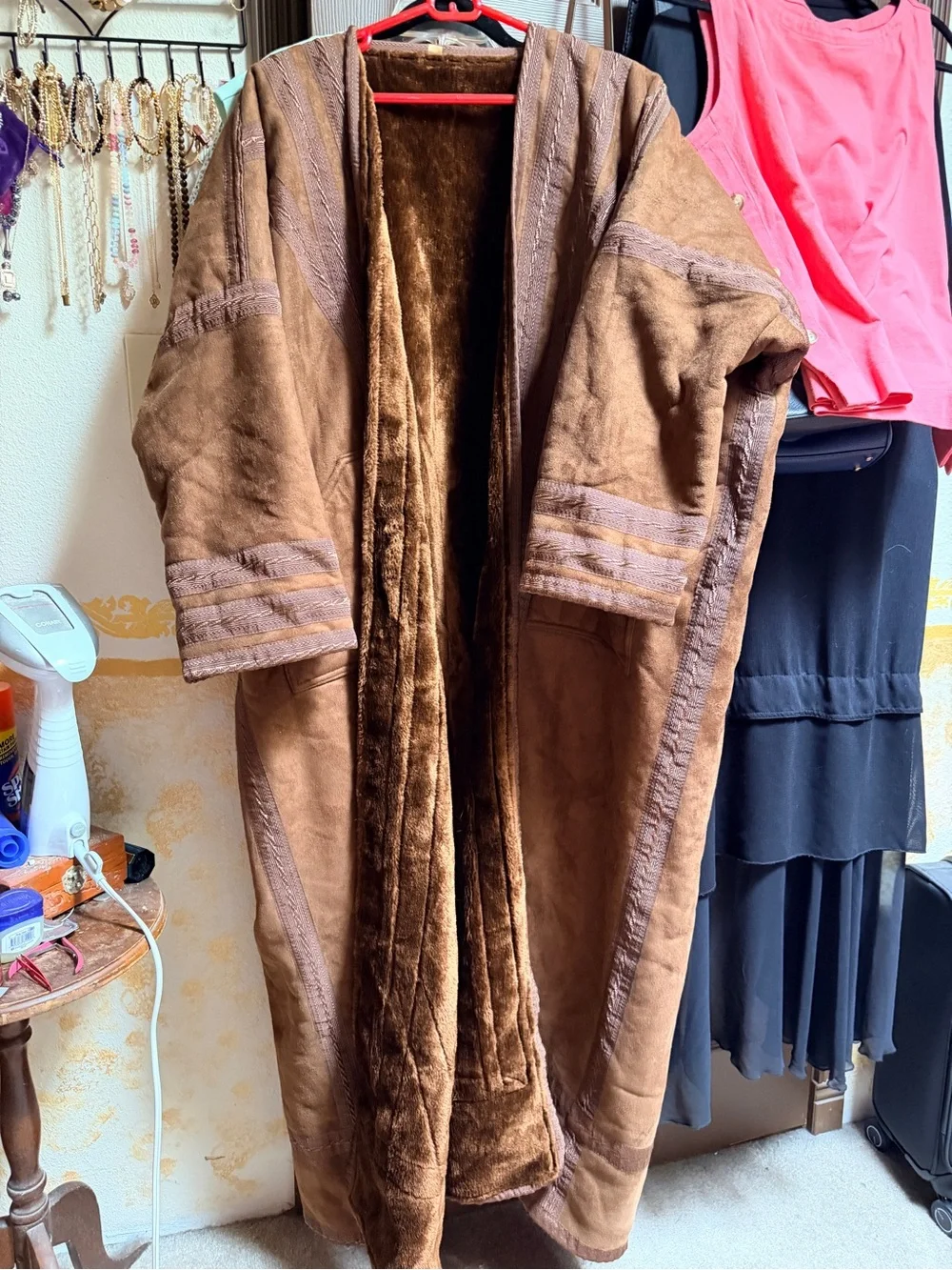 Middle east winter coat Brown Faux-Suede Long Coat with Plush Lining from DUBAI